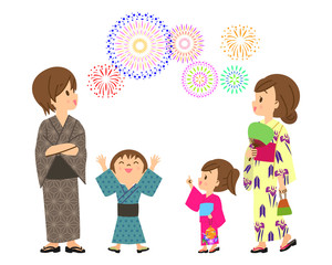 浴衣で打ち上げ花火を見る親子02