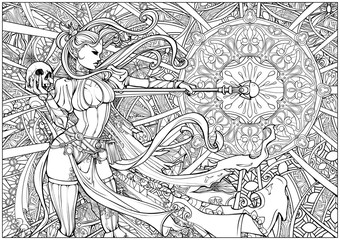Coloring page for adults, beautiful witch conjures a beautiful complex pattern in Gothic style