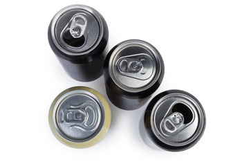 Top view of different sealed and open beverage cans