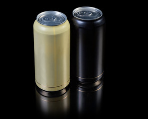 Sealed beverage cans  yellow and black colors on  black background