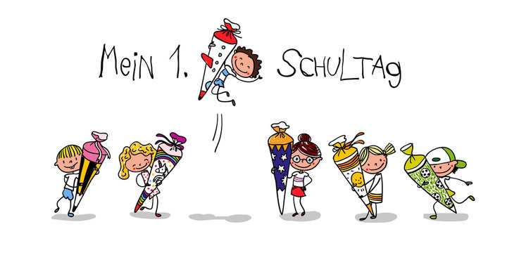 Erster Schultag - My First Day of school - Erstkl&auml;ssler mit Schult&uuml;te freuen sich &uuml;ber Einschulung bunt