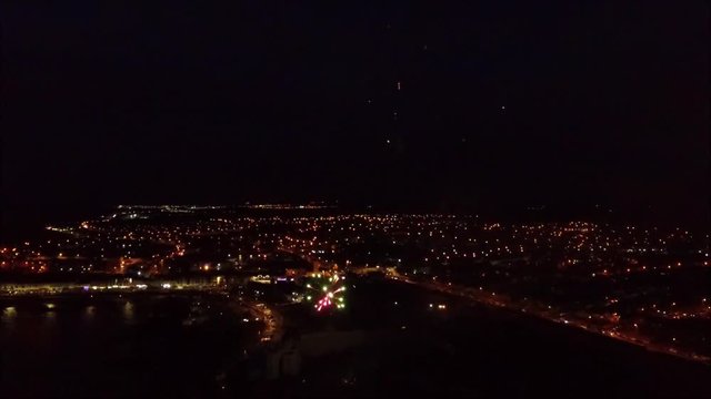 Drone view of the public fireworks display celebrating the NW200 super bike race at Portstewart, N. Ireland