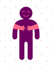 Loved man with care hands of a lover woman hugging and caresses his chest, vector icon logo or illustration in simplistic symbolic style.