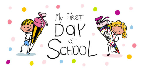 My First Day of school - Erstklässler mit Schultüte freuen sich über Einschulung