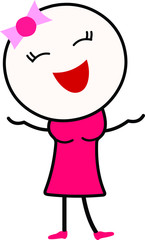Vector Illustration of a happy cute girl cartoon in pink dress with wide open hands for hugging.	