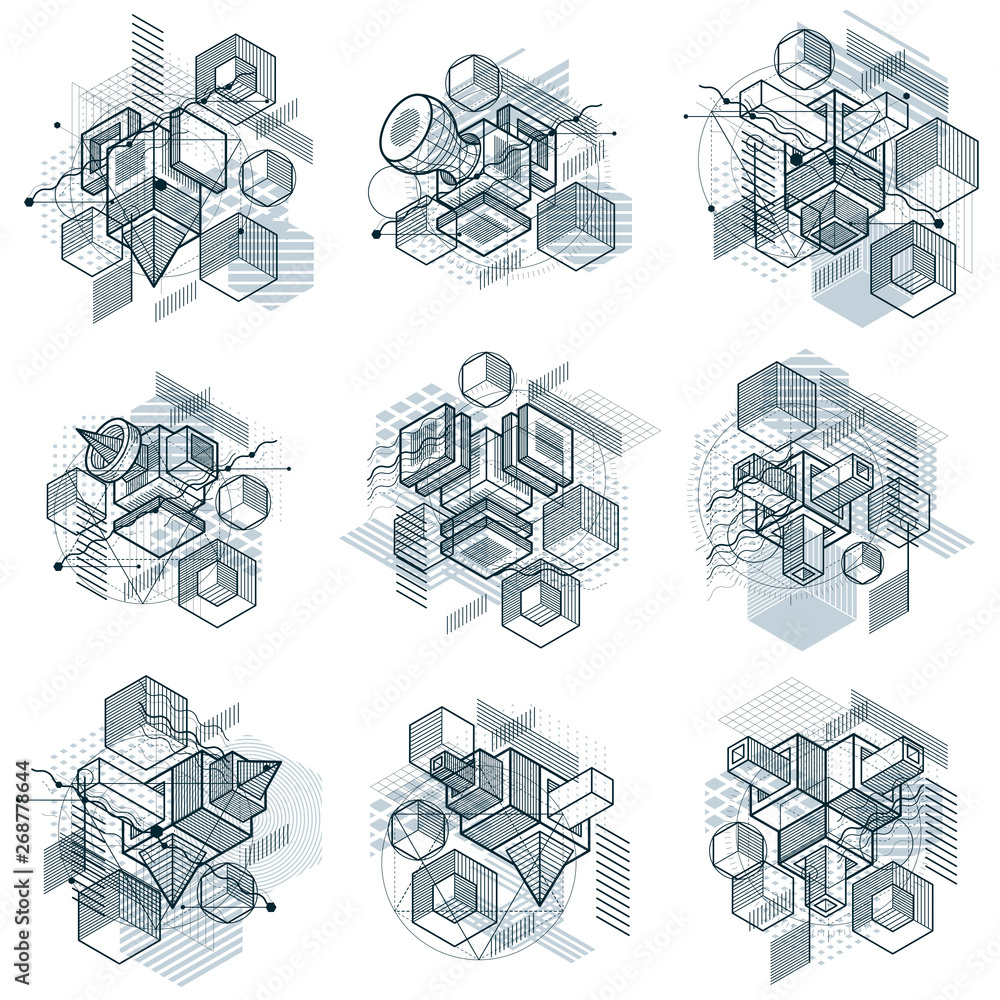 Poster abstract isometrics backgrounds, 3d vector layout. compositions of cubes, hexagons, squares, rectang