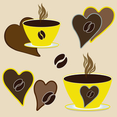 Love for coffee. Set coffee cups with hot coffee and yellow steam on saucers, brown chocolate hearts with coffee beans on a beige background