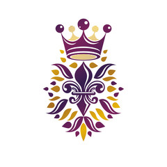 Victorian golden emblem composed using lily flower and monarch crown. Royal quality award vector design element, business label.