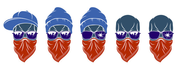 Gangster skull vector logos set, icons or tattoos, urban stylish aggressive criminal scull.