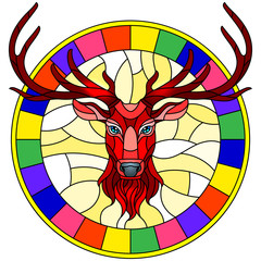 Illustration in stained glass style with red deer head in round frame on white background