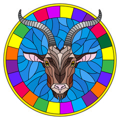 Illustration in stained glass style with goat head in round frame on white background