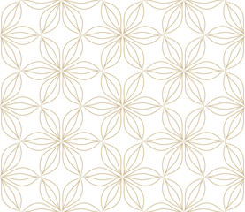 Modern simple geometric vector seamless pattern with gold flowers, line texture on white background. Light abstract floral wallpaper, bright tile ornament