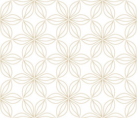 Modern simple geometric vector seamless pattern with gold flowers, line texture on white background. Light abstract floral wallpaper, bright tile ornament