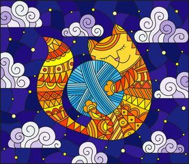 Naklejki  Witraż ilustracja kreskówka czerwonego kota przytulającego kłębek przędzy na tle rozgwieżdżonego nieba i chmur