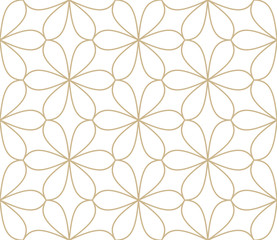 Modern simple geometric vector seamless pattern with gold flowers, line texture on white background. Light abstract floral wallpaper, bright tile ornament