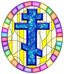 Illustration in stained glass style with a blue  cross on an abstract yellow background, oval picture frame in bright