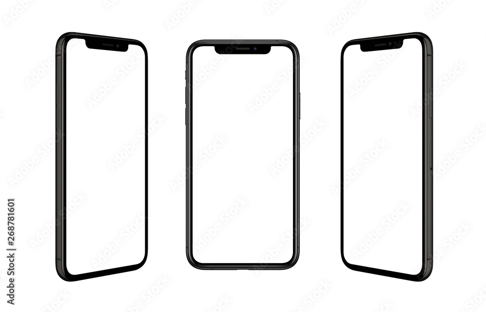 Poster Black smart phone isolated in three positions. Isolated screen for mockup. Render for app design promotion.