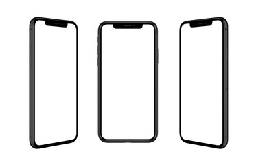 Black smart phone isolated in three positions. Isolated screen for mockup. Render for app design promotion.