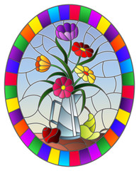 Illustration in stained glass style with bouquets of bright flowers in a metal jug, pears and apples on table on blue background, oval image in bright frame