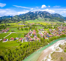 Fototapeta na wymiar Aerial Brauneck Isar River Lenggriess Wegscheid. Bavarian Alps. Ski Resort. May 2019