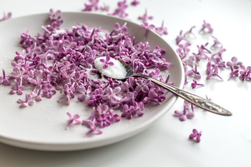 Fototapeta na wymiar Homemade preparing of lilac sugar with amazing fragrance