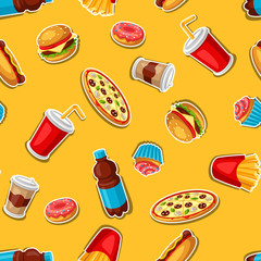 Seamless pattern with fast food meal. Tasty fastfood lunch products.