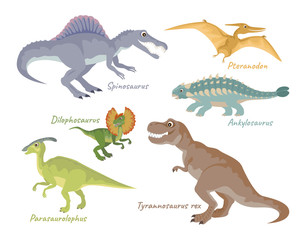Set of dinosaurs isolated on white background. T-Rex, Spinosaurus, Pteranodon, Ankylosaurus, Dilophosaurus, Parasaurolophus. Vector illustration of cute characters in cartoon flat style.