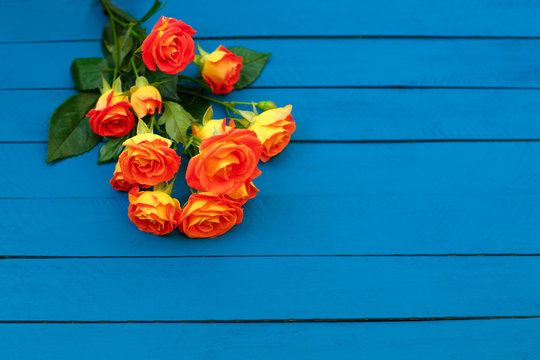 Background of a bouquet of beautiful fresh vivid orange roses for celebrating an anniversary, birthday or Mothers Day
