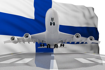 airplane taking off against the background of the flag Finland