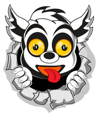 Cartoon animal lemur peering out hole in wall