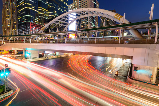 Blur Light Of Traffic Under The Bridge In City 