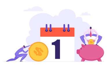 Naklejka premium Monthly Loan Payment Concept. People Characters Pay the Bills Every Month Calendar. Financial Schedule with Money and Businessmen. Vector flat illustration