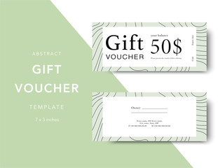 Gift voucher card template. Modern discount coupon for shopping with abstract lines. Modern fashion background design with information sample text. Coupon template for gift and shopping.