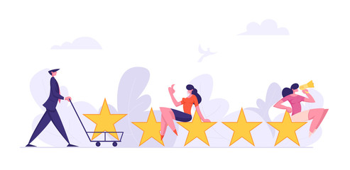 Consumer Feedback Concept with Characters Giving 5 Stars Satisfaction Level. Rating System Customer Review People Comment. Vector flat cartoon illustration