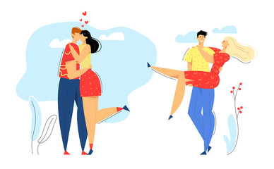 Happy Couple in Love. Man Kissing his Girlfriend. Woman Hugs Boyfriend. Romantic Dating, Marriage Proposal Concept with Lovers Characters. Vector flat illustration