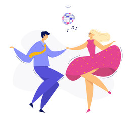 Young Couple Dancing Swing, Rock, Pop. Night Club Disco Party with Male and Female Dancer Characters. Vector flat cartoon illustration