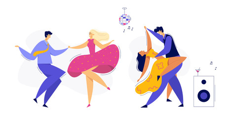 Young Couple Dancing Swing, Tango, Pop. Night Club Disco Party with Male and Female Dancer Characters Set. Vector flat cartoon illustration