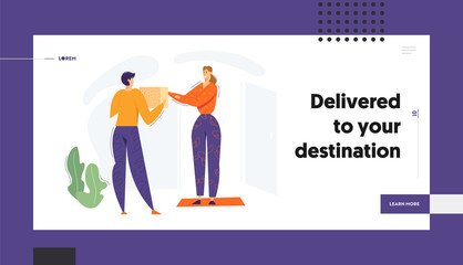 Delivery Man Giving Box to the Client Website Banner. Delivery Shipping Service Concept with Courier Man Character  and Parcel, Woman Receiving Package Landing Page. Vector flat illustration