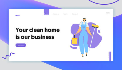 Obraz na płótnie Canvas Woman Cleaner Character with Mop and Bucket Landing Page. Cleaning Service with Female Staff with Equipment. Housewife Washing Home, Janitor Worker Banner Website. Vector flat illustration