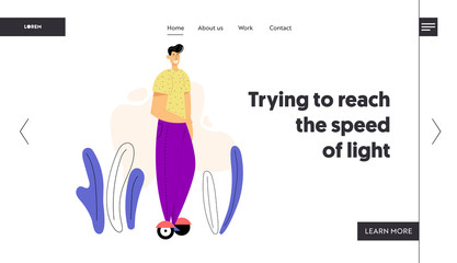 Fototapeta premium Male Character on Hoverboard Landing Page. Young Man Riding Gyro Scooter. Alternative Urban Transportation Concept. Self Balancing Electric Scooter Website Banner. Vector flat illustration