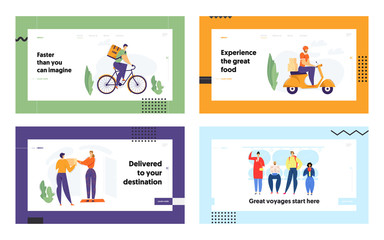 Delivery Man Riding Scooter with Package Landing Page. Fast Delivery Shipping Service Concept with Character on Motorbike. Passengers in Underground Tube. Vector flat cartoon illustration