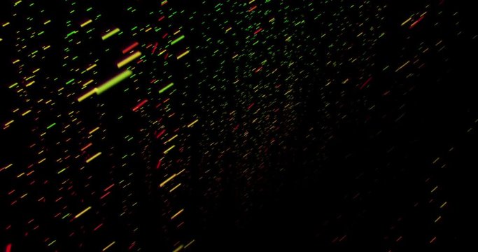 Multicolored lines and segments appear from the black background and are placed in an orderly position in rows. Creation of complex and ordered structures as DNA or storage of digital information data