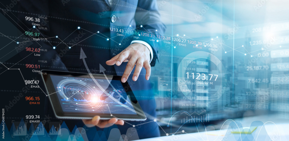 Poster businessman using tablet analyzing sales data and economic growth graph chart. roport. business stra