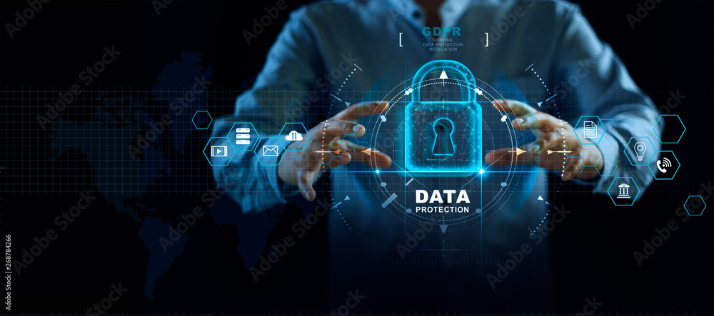 Poster Data protection privacy concept. GDPR. EU. Cyber security network. Business man protecting data personal information on tablet. Padlock icon and internet technology networking connection on digital