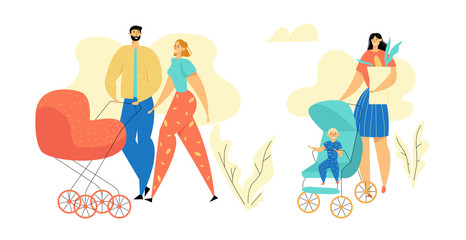 Young Family Walking in the Park. Parents with Baby Stroller. Mom and Dad with Newborn Child. Happy Mother and Father with Pram. Vector flat illustration