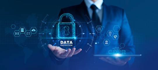 Data protection privacy concept. GDPR. EU. Cyber security network. Business man protecting data personal information on tablet. Padlock icon and internet technology networking connection on digital - obrazy, fototapety, plakaty