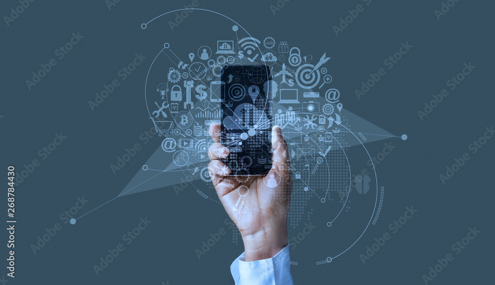 Aufkleber hand holding mobile smartphone with icon business digital marketing, online payment and banking netw