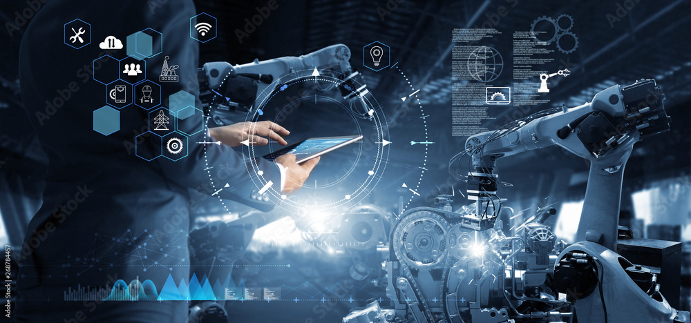 Aufkleber Manager Technical Industrial Engineer working and control robotics with monitoring system software and icon industry network connection on tablet. AI, Artificial Intelligence, Automation robot arm