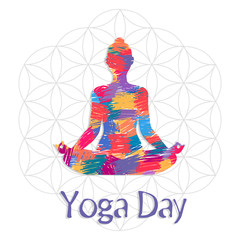 Yoga Day card of abstract art woman in lotus pose