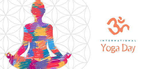 Yoga Day banner of abstract woman in lotus pose